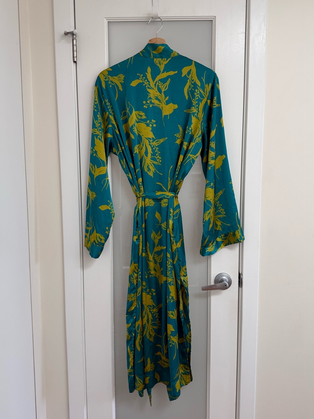Satin-Like Teal Floral Wrap Robe - Picture 3 of 3